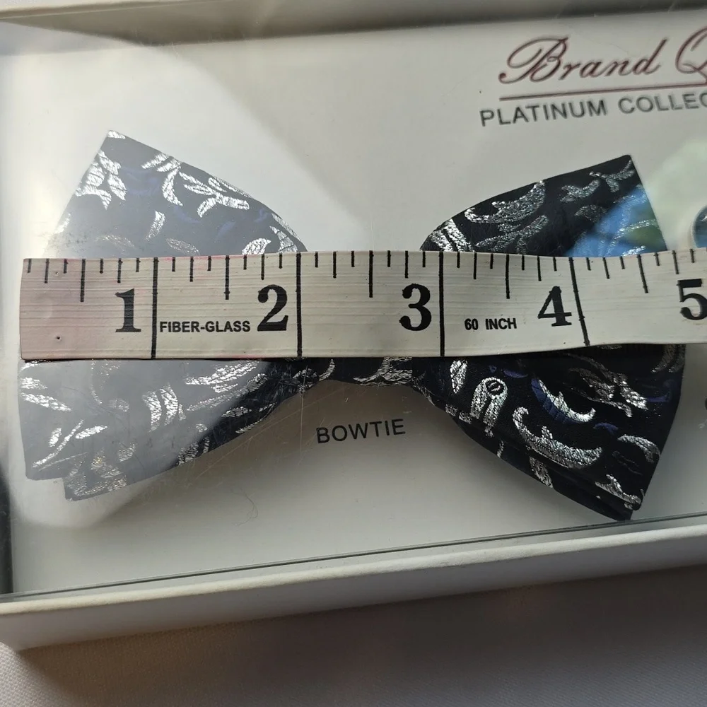 NEW Brand Q Platinum Collection Bowtie Cufflinks Pocket‎ Square Set Black/Silver